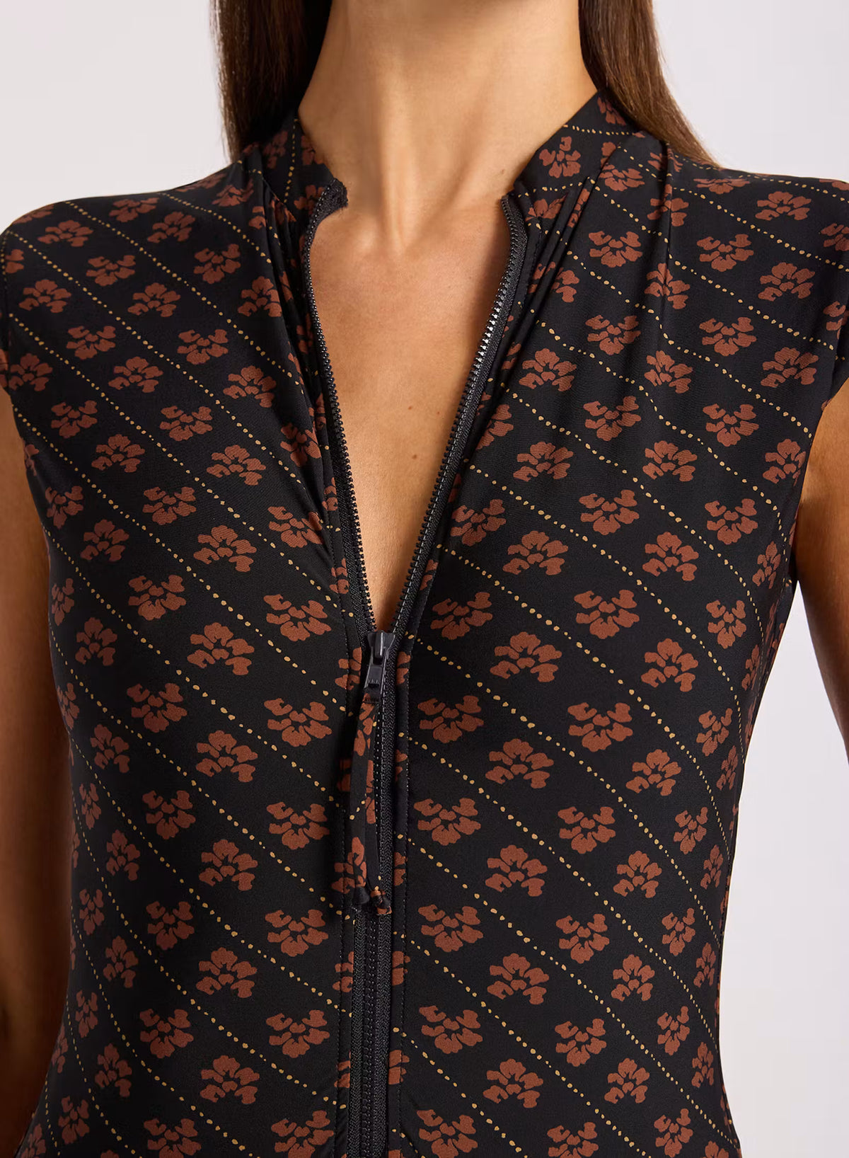 Batik Bloom Cap Sleeve Zip Front One Piece Swimsuit in Black