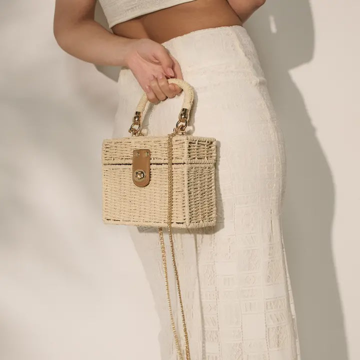 Fawn Rattan Box Crossbody Bag in Beige