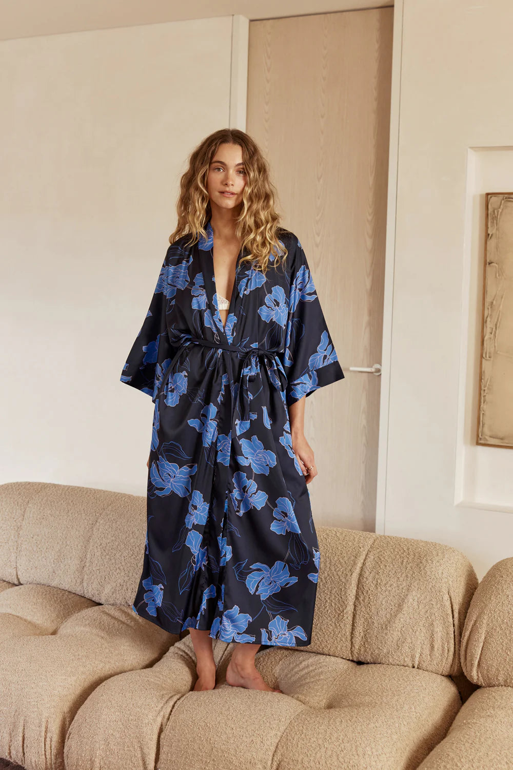 Daisy Recycled Silky Satin Long Robe in Navy