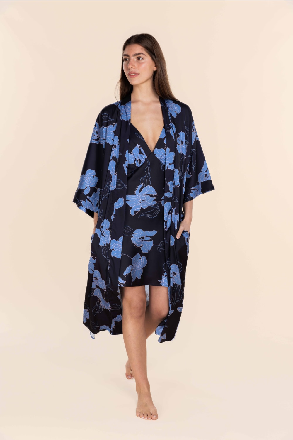 Daisy Recycled Silky Satin Long Robe in Navy
