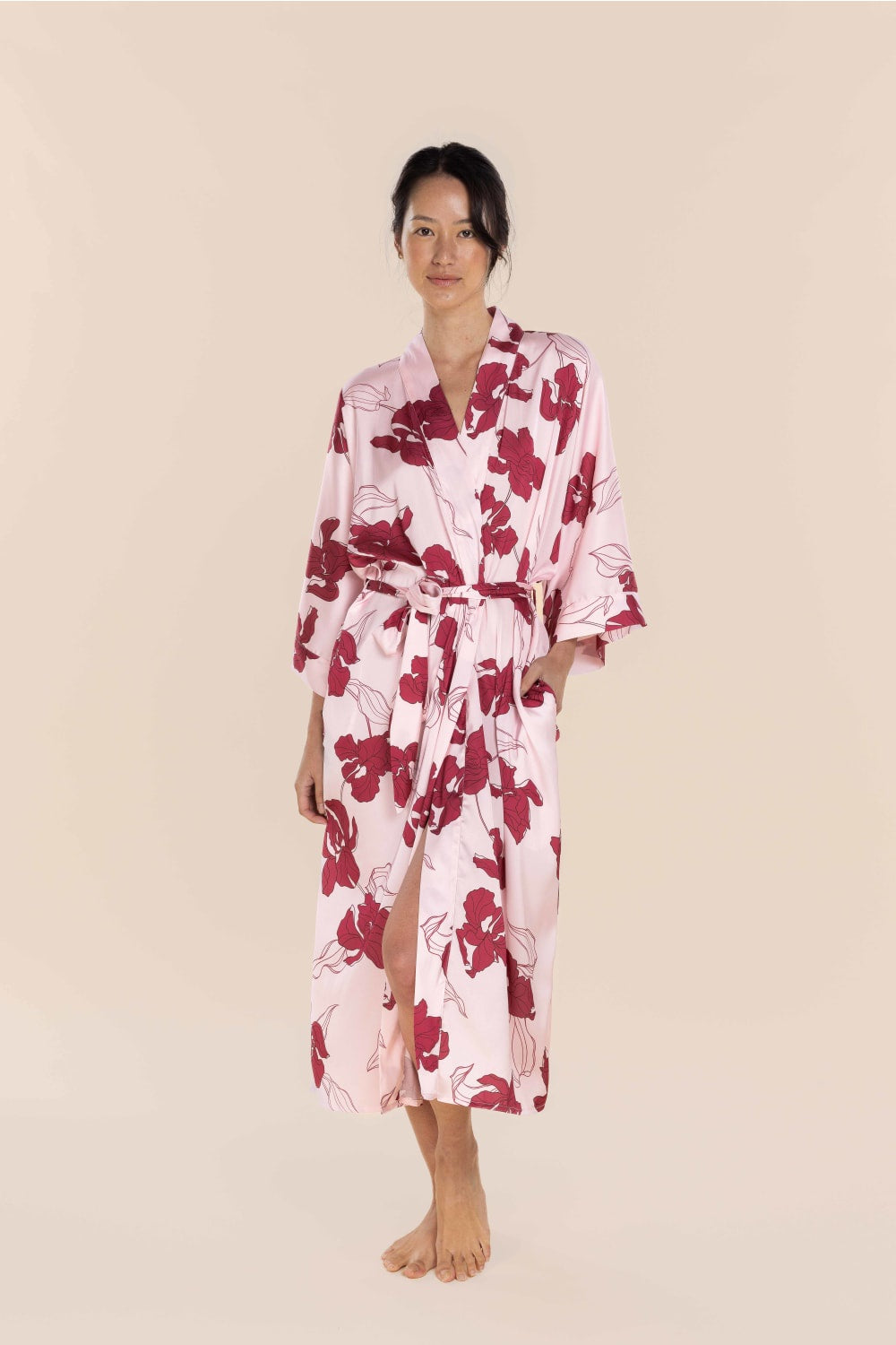 Daisy Recycled Silky Satin Long Robe in Pink