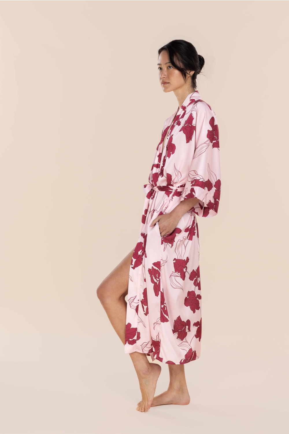 Daisy Recycled Silky Satin Long Robe in Pink