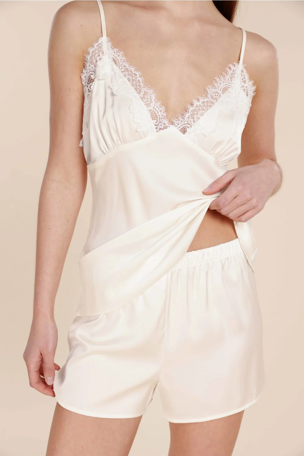 Heather Silky Satin Cami and Short Set in Ivory