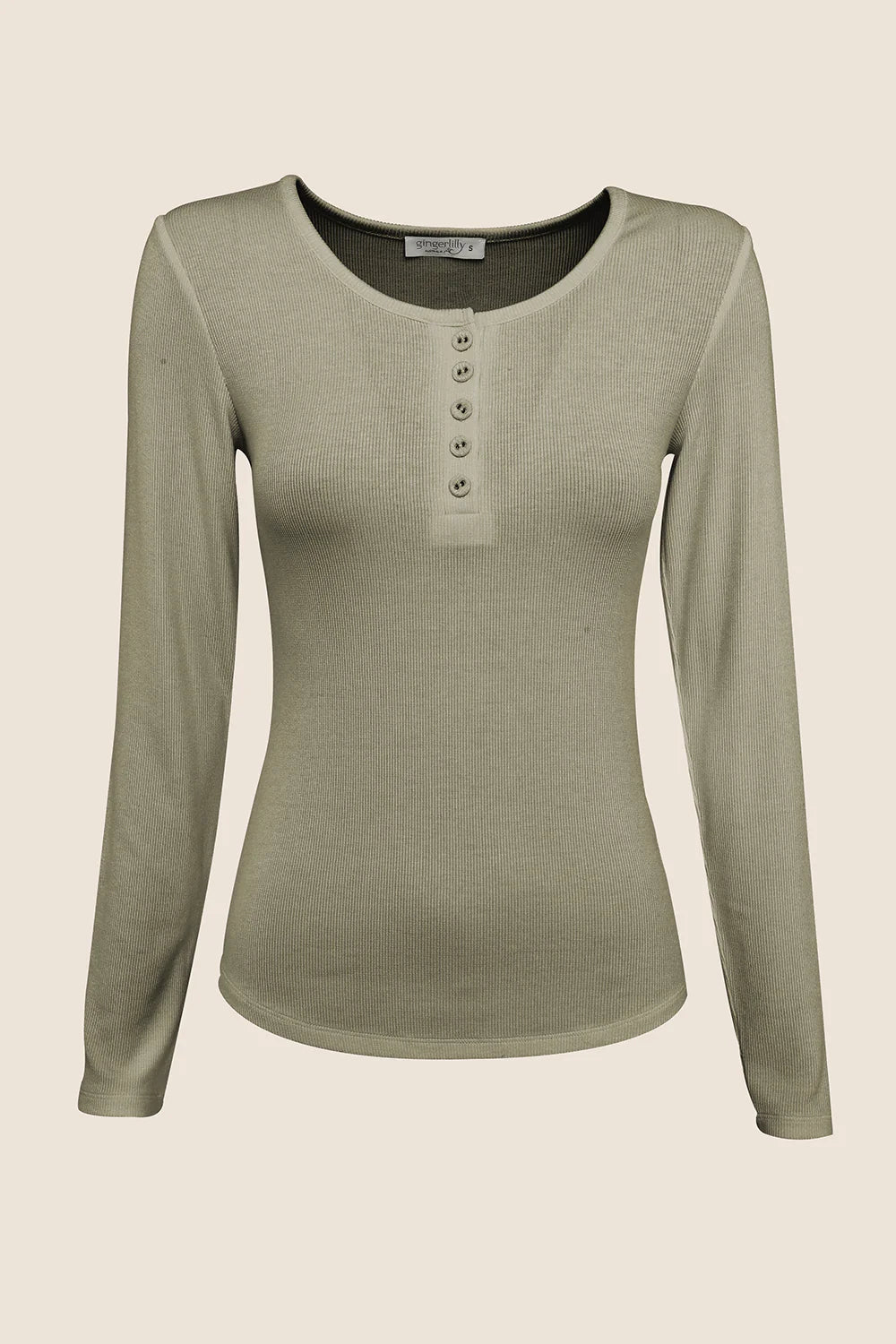 Lille Ribbed Long Sleeve Henley Top in Olive