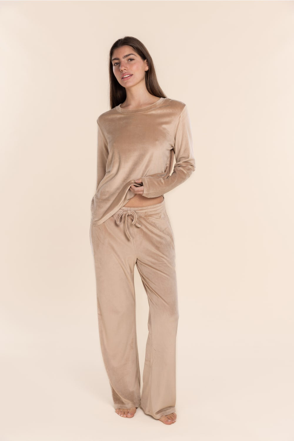 Thea Velour Long Lounge Set in Beige