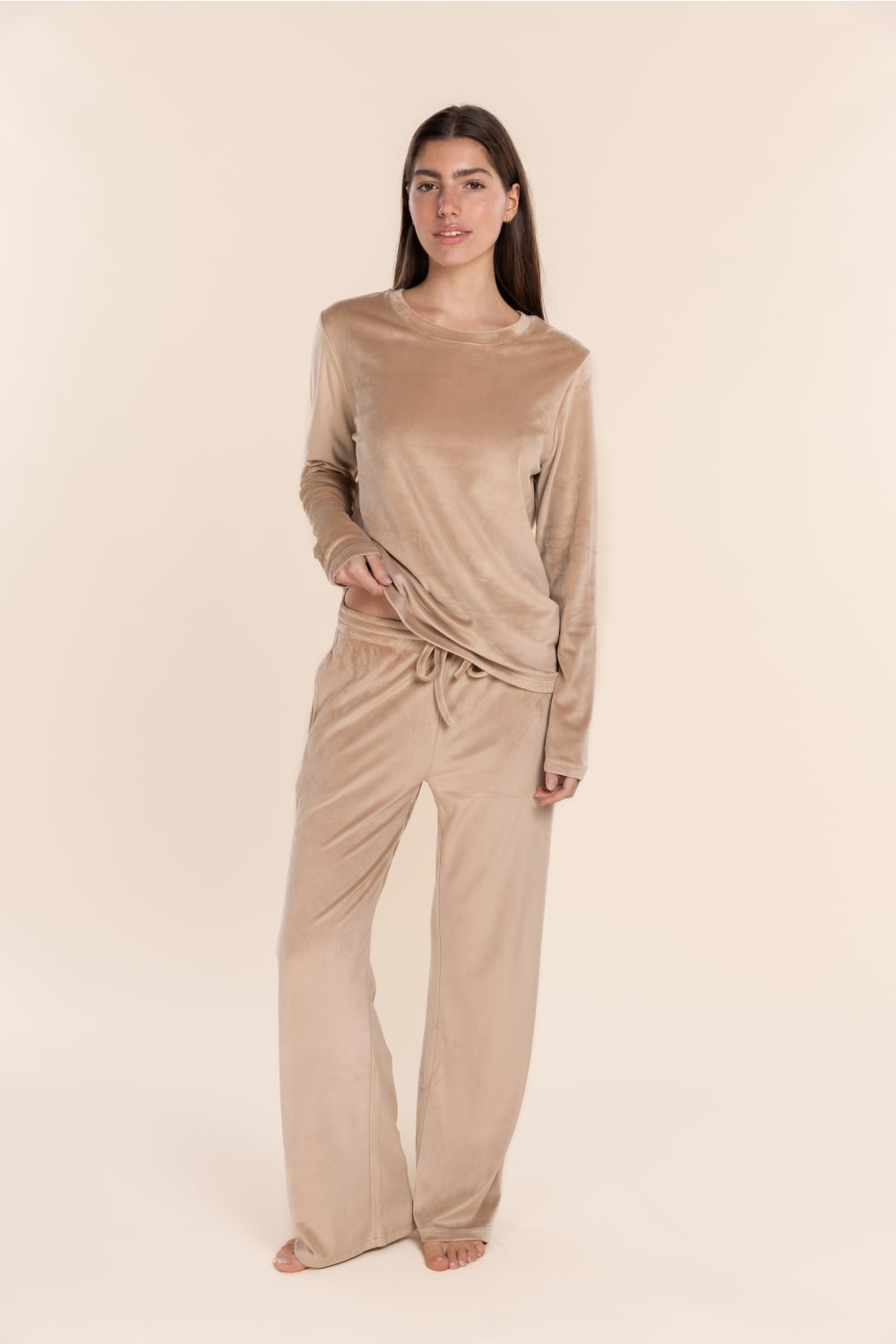 Thea Velour Long Lounge Set in Beige