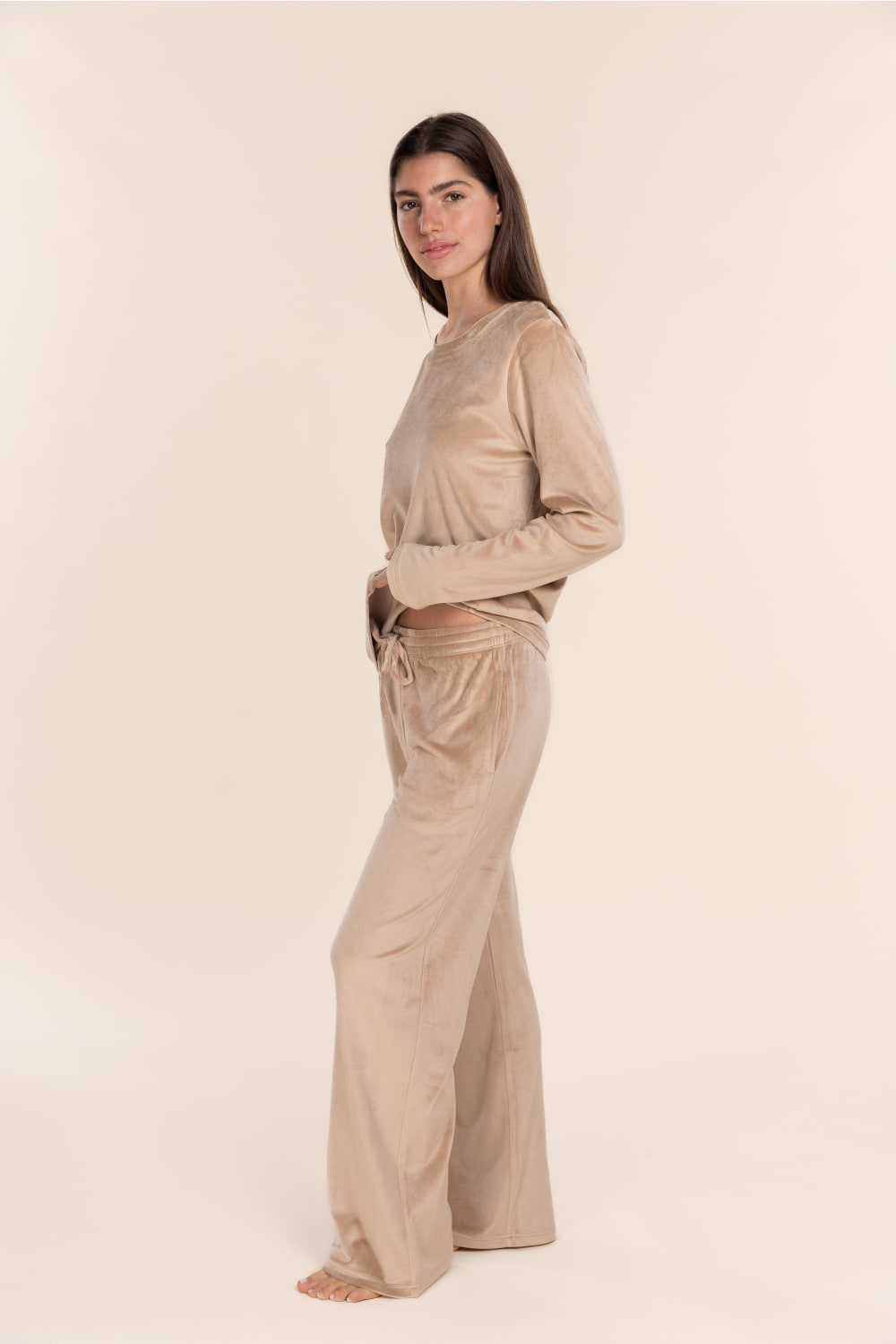 Thea Velour Long Lounge Set in Beige