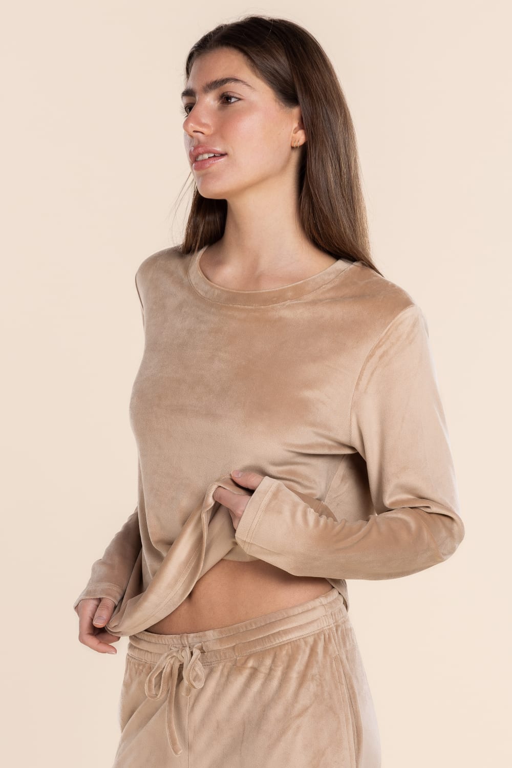Thea Velour Long Lounge Set in Beige
