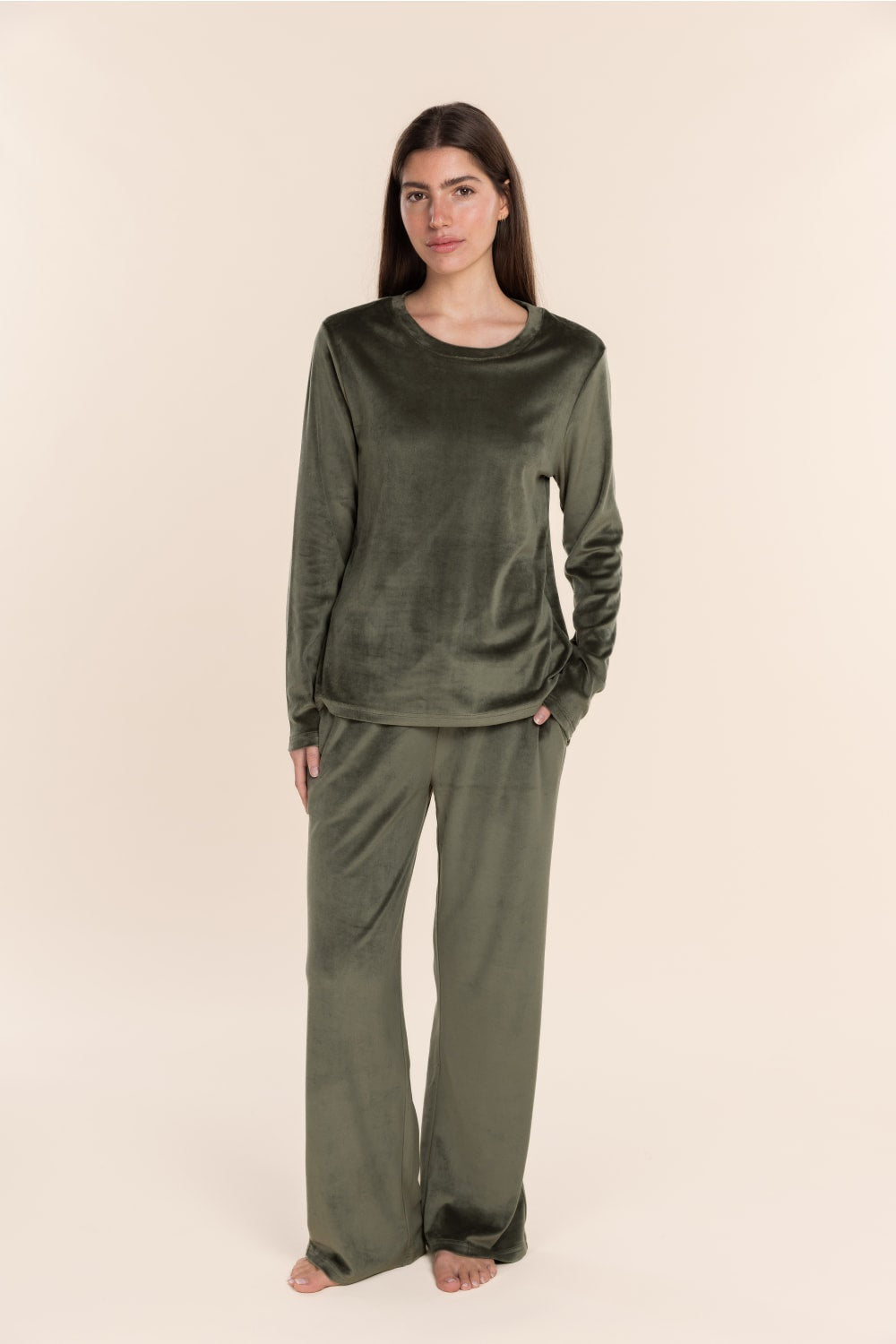 Thea Velour Long Lounge Set in Olive