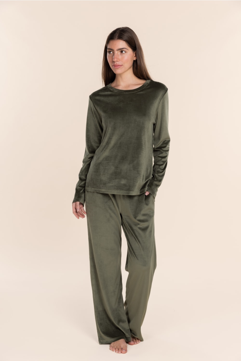 Thea Velour Long Lounge Set in Olive