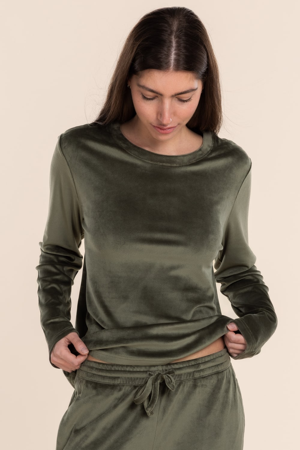 Thea Velour Long Lounge Set in Olive