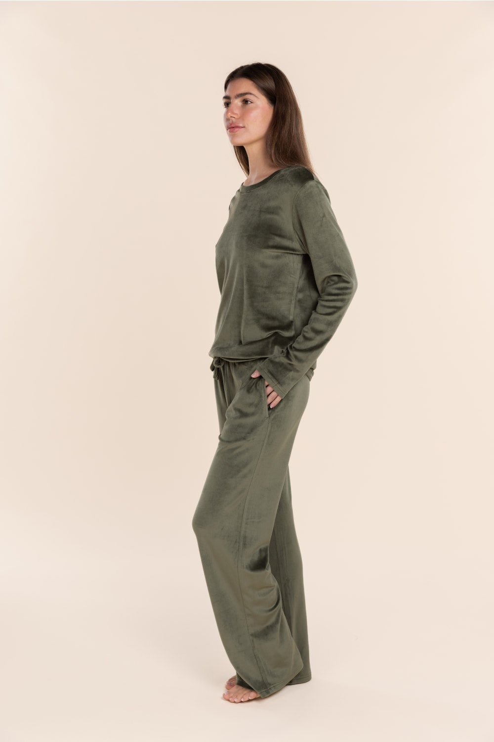 Thea Velour Long Lounge Set in Olive