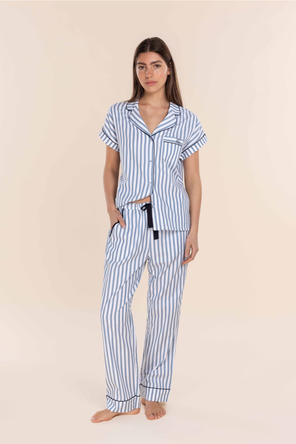 Winona Cotton Sateen Short PJ in Blue Stripe