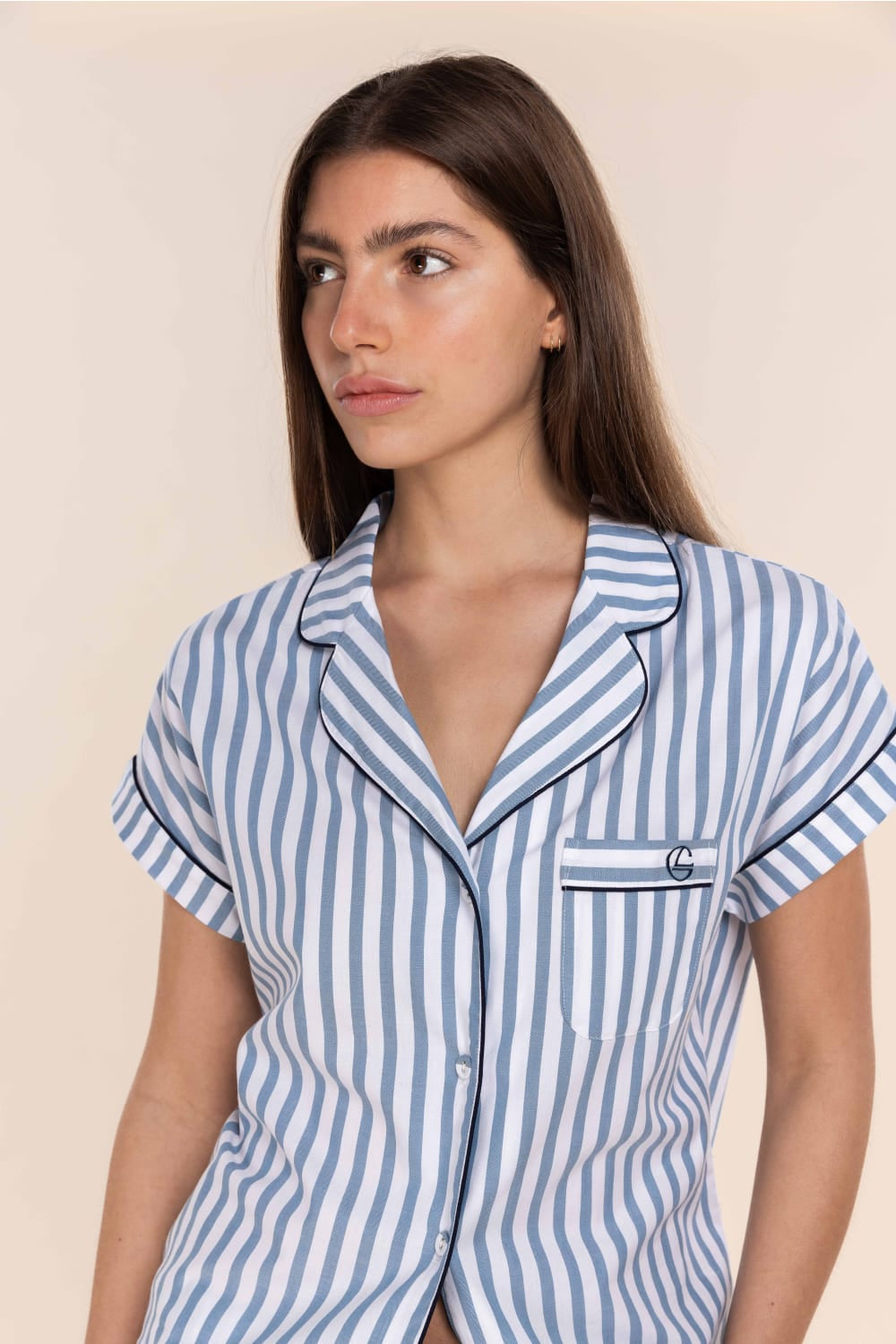 Winona Cotton Sateen Short PJ in Blue Stripe