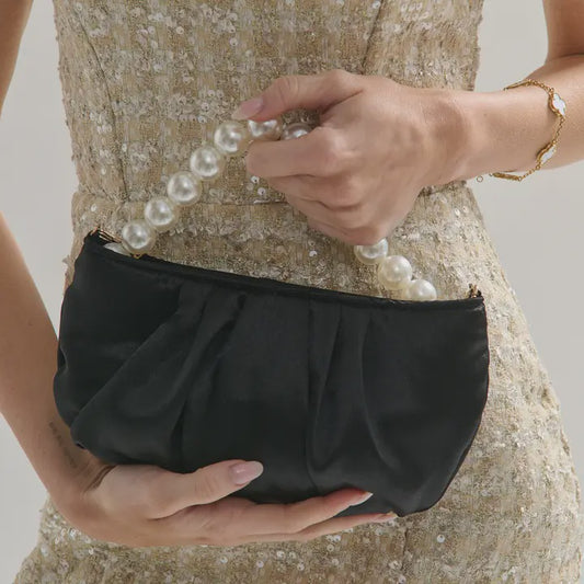 Victoria Satin Pearl Strap Bag in Black