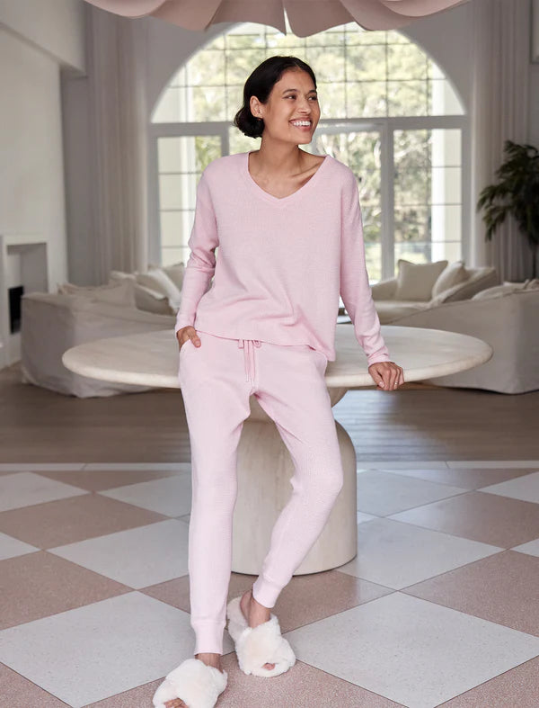 Super Soft Waffle V-Neck Long Sleeve Top in Parfait Pink