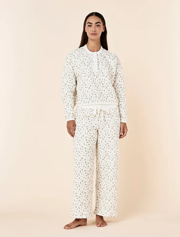 Quilted Cotton Henley Long Sleeve Top in Rosebud Floral