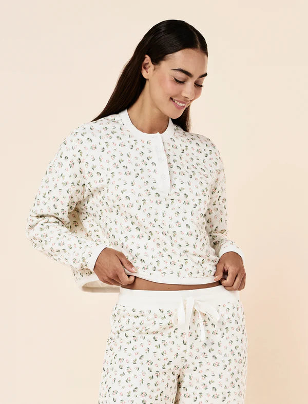 Quilted Cotton Henley Long Sleeve Top in Rosebud Floral
