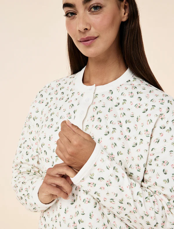 Quilted Cotton Henley Long Sleeve Top in Rosebud Floral