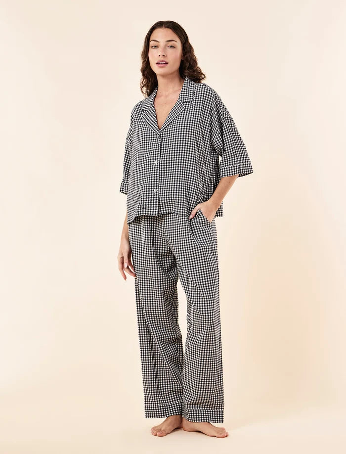 Seersucker Gingham Short Sleeve Shirt and Full Length Pant PJ Set