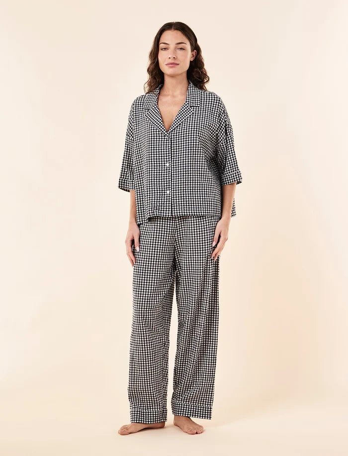 Seersucker Gingham Short Sleeve Shirt and Full Length Pant PJ Set
