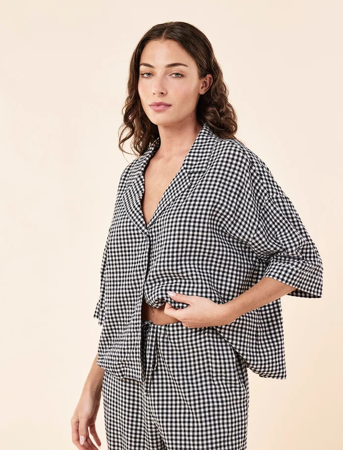 Seersucker Gingham Short Sleeve Shirt and Full Length Pant PJ Set