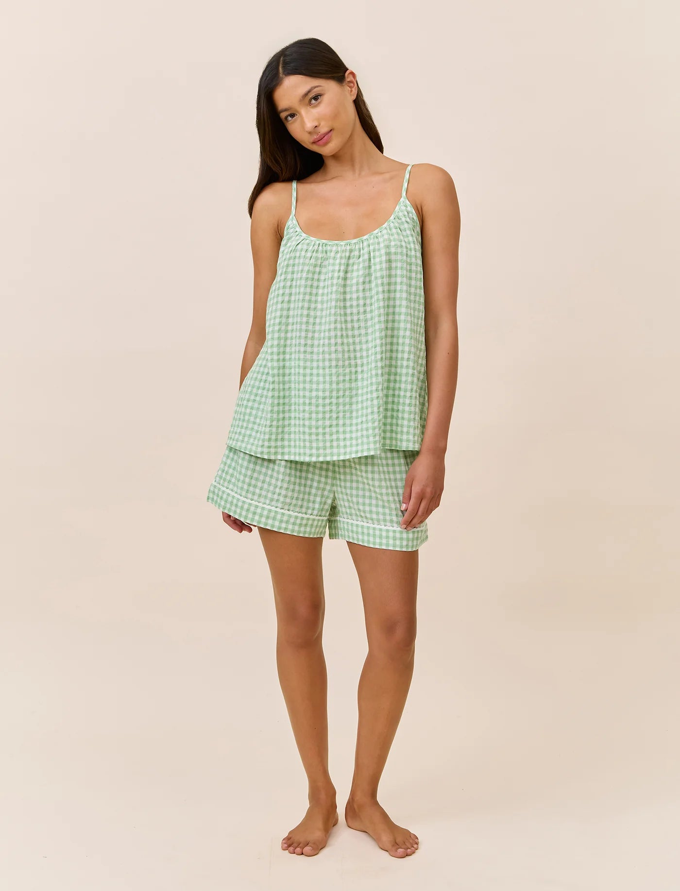 Seersucker Gingham Cami Boxer PJ in Green Apple
