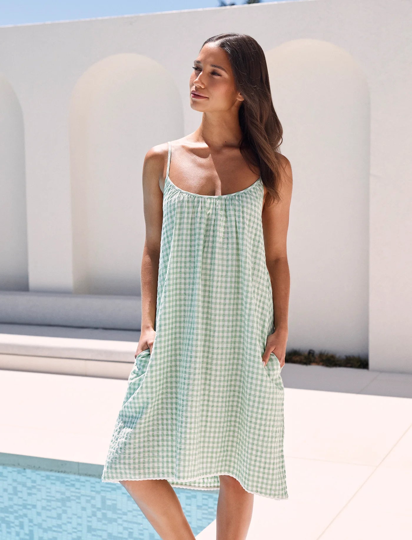 Seersucker Strappy Nightie in Green Apple