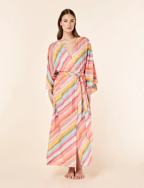 Sophie Stripe Maxi Kimono Robe in Pink Sorbet