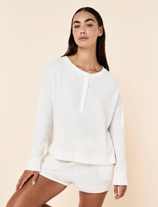 Super Soft Waffle Long Sleeve Henley Top in Ecru