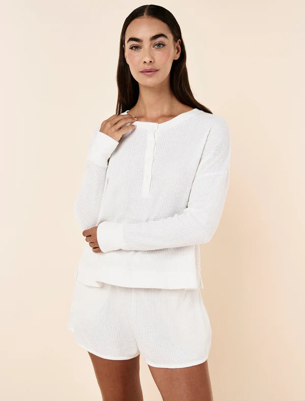 Super Soft Waffle Long Sleeve Henley Top in Ecru