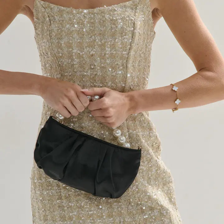 Victoria Satin Pearl Strap Bag in Black