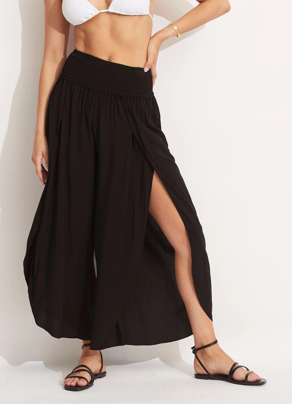 Shirred Waist Wrap Pant in Black