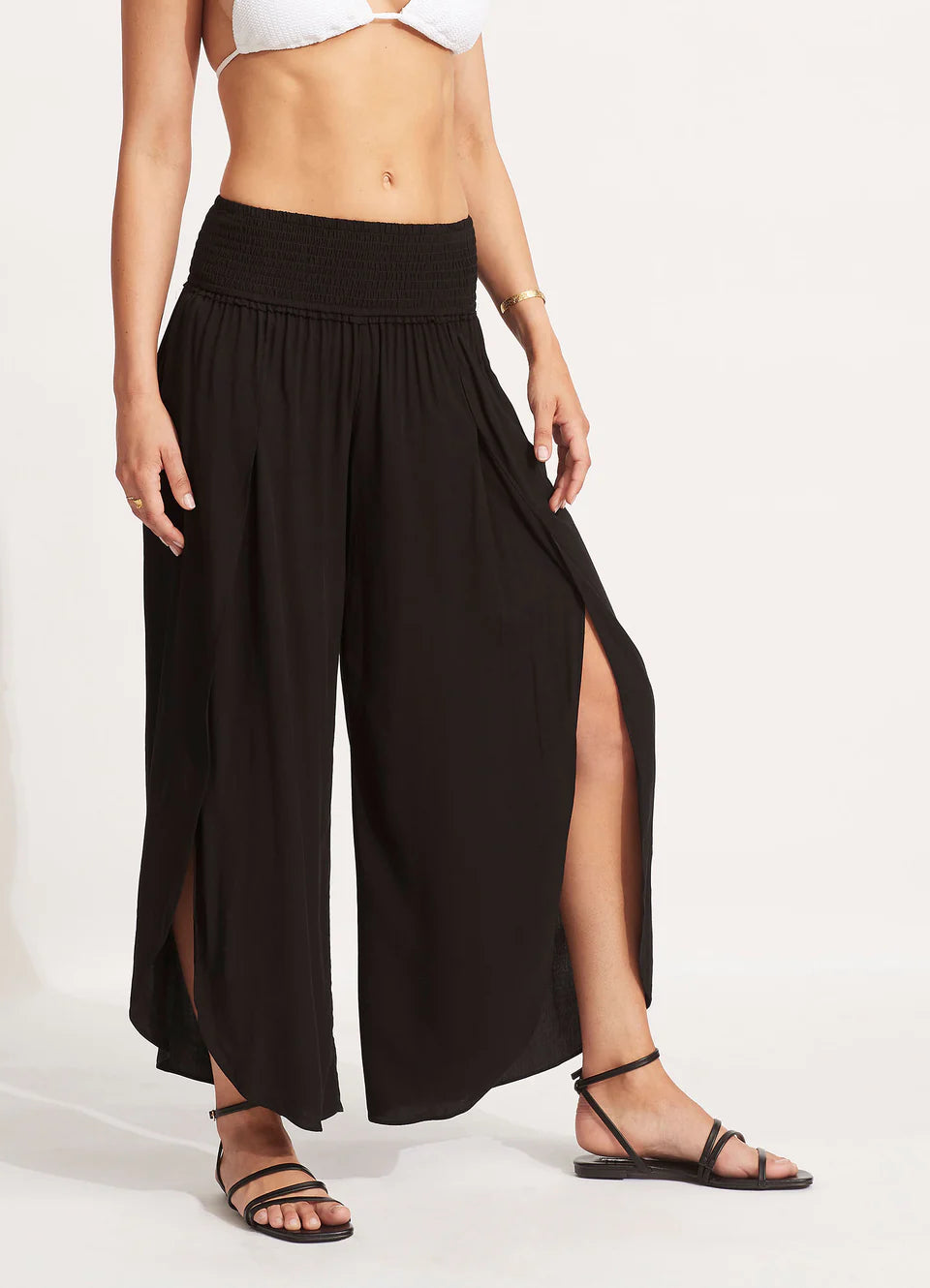 Shirred Waist Wrap Pant in Black