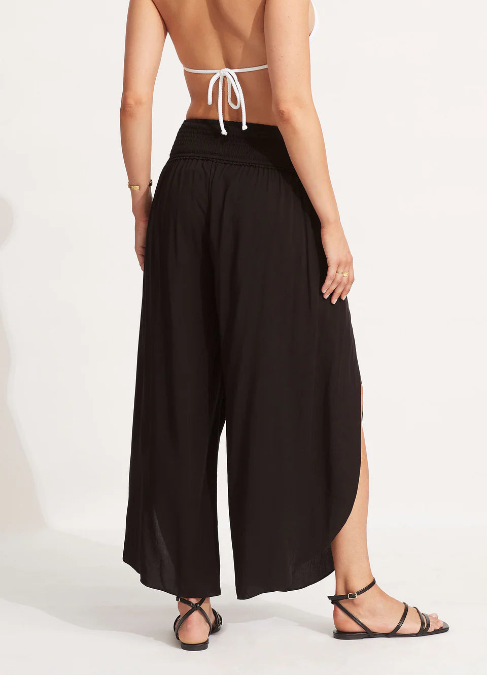 Shirred Waist Wrap Pant in Black