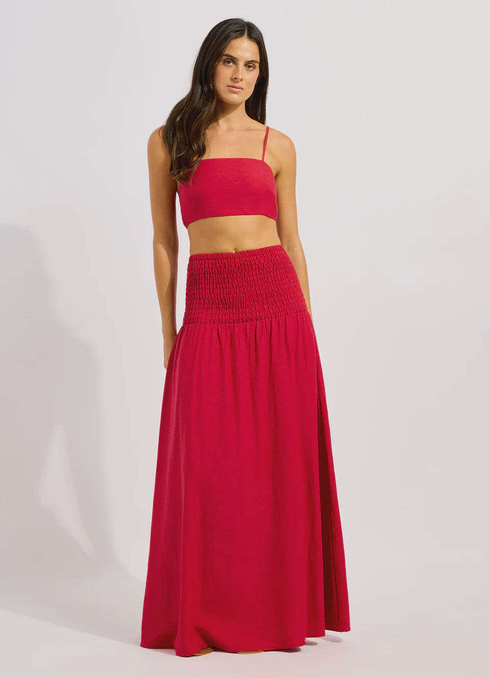 Beachedit Shirred Waist Midi Skirt in Cosmo Red
