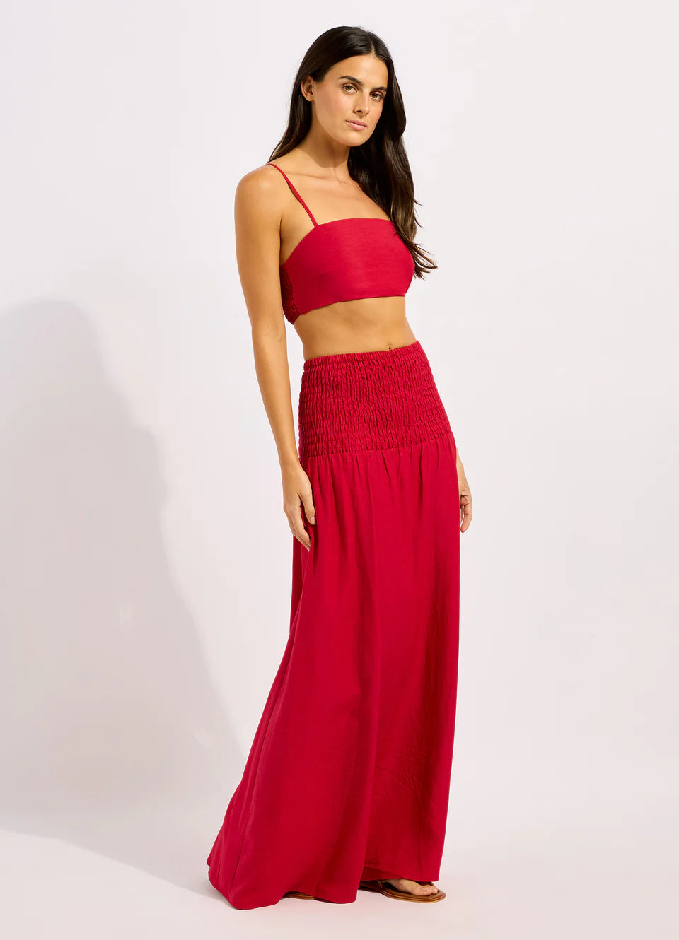 Beachedit Shirred Waist Midi Skirt in Cosmo Red