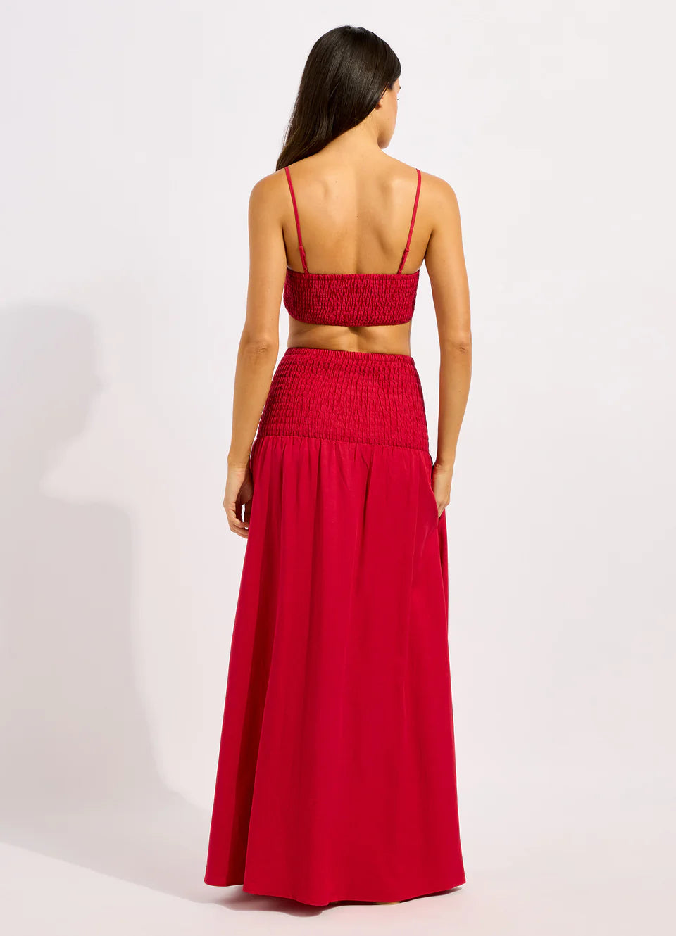 Beachedit Shirred Waist Midi Skirt in Cosmo Red