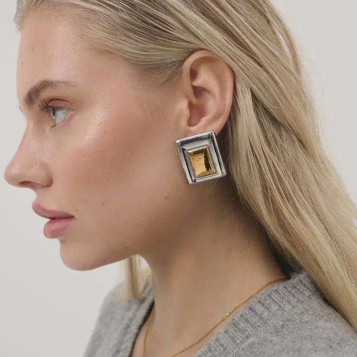 Square Duo Tone Statement Earrings