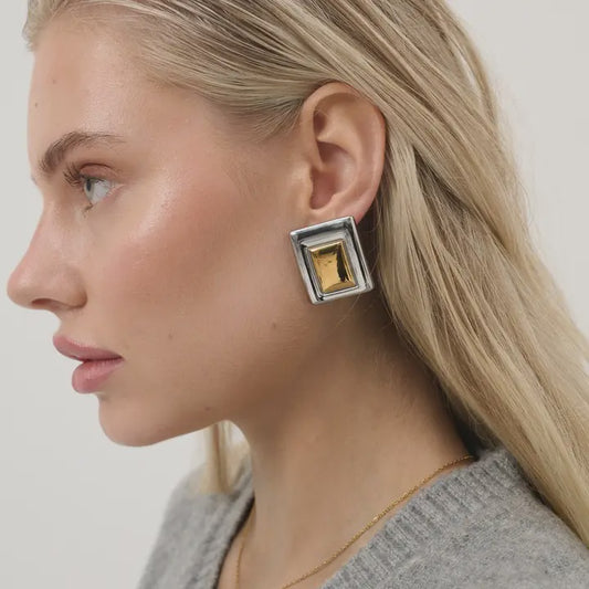 Square Duo Tone Statement Earrings
