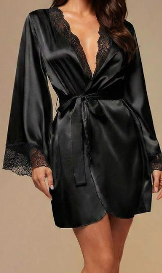 Short Satin Robe with Lace Trim in Black
