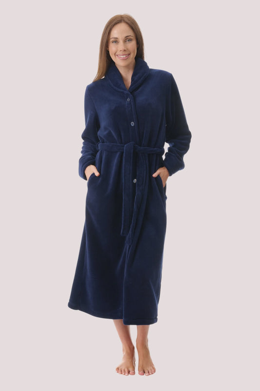 Mid belted button gown in Navy