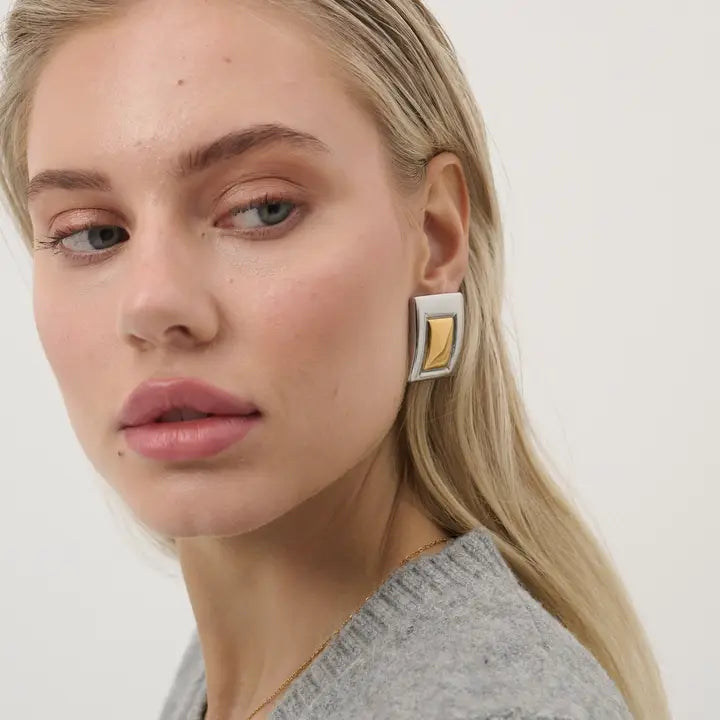 Square Duo Tone Statement Earrings