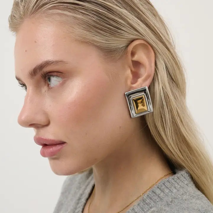 Square Duo Tone Statement Earrings