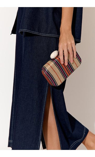 Ellery Resin Clasp Woven Structured Clutch- Natural/Navy