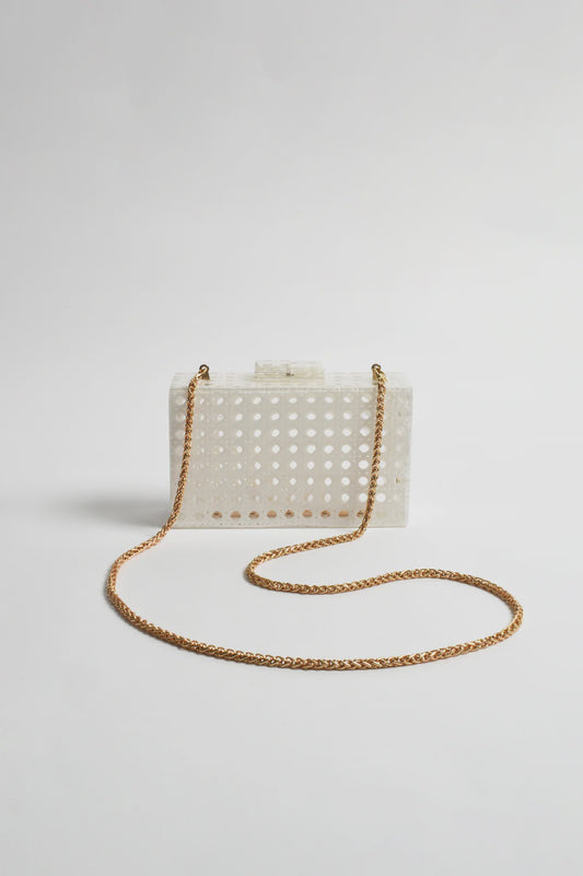 Sadie Picnic Weave Clear Structured Clutch in White/Clear