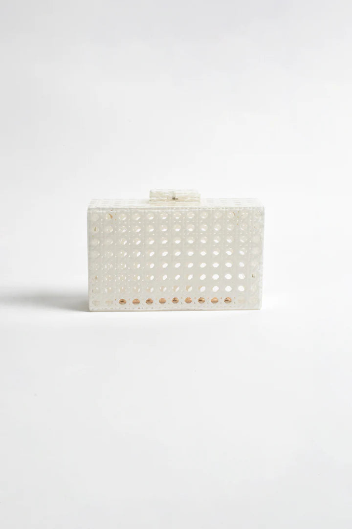 Sadie Picnic Weave Clear Structured Clutch in White/Clear