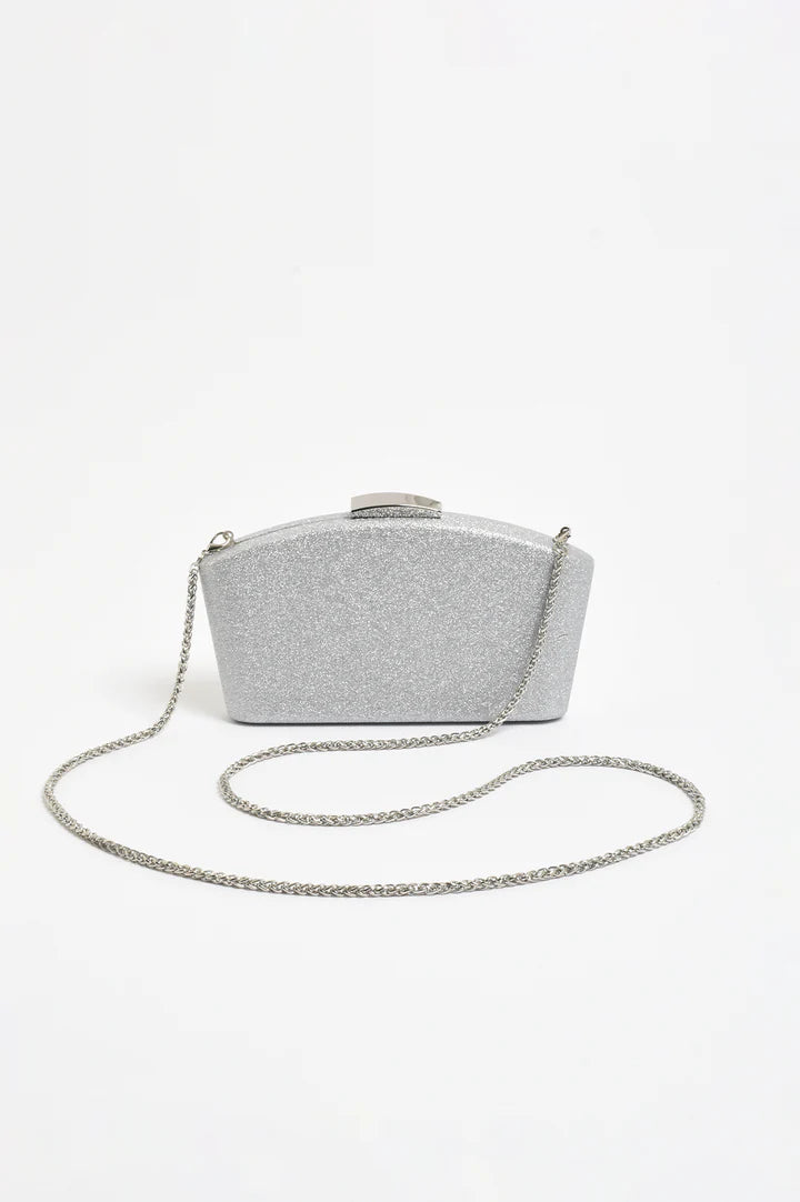 Valencia Glitter Curve Top Structured Clutch in Silver