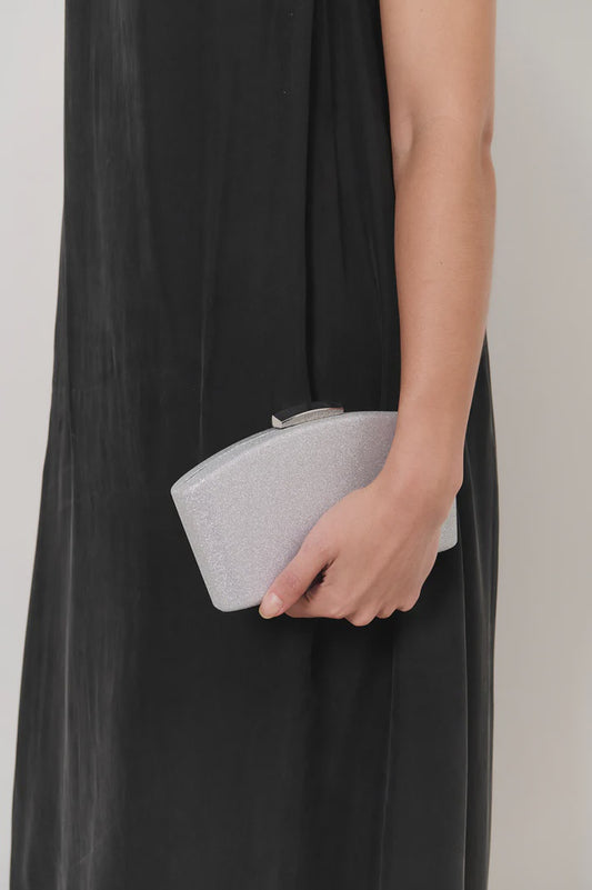 Valencia Glitter Curve Top Structured Clutch in Silver