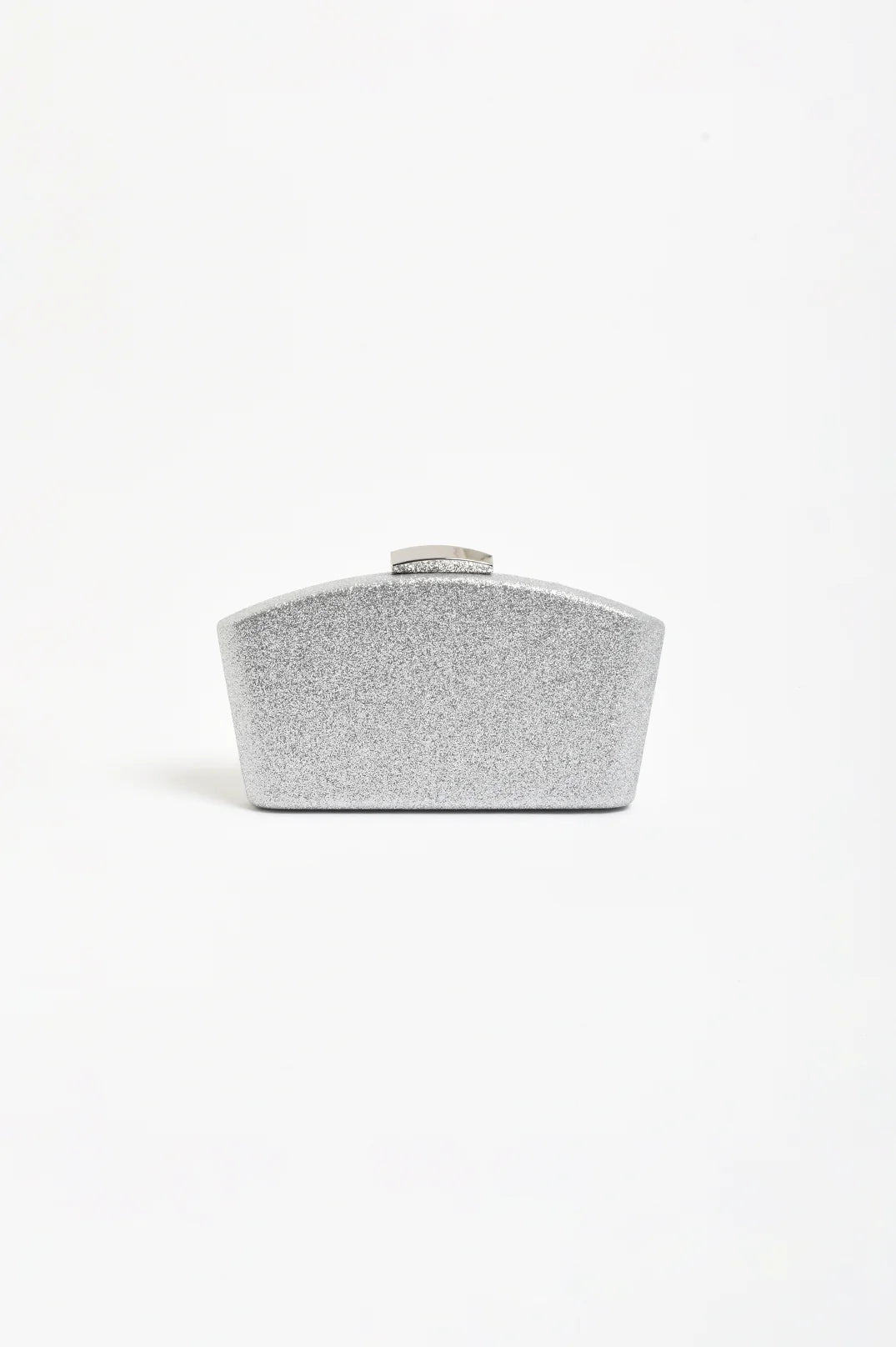 Valencia Glitter Curve Top Structured Clutch in Silver